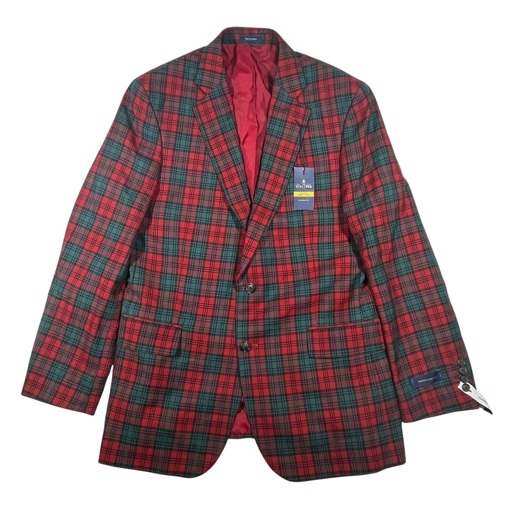 Stafford Tartan Sport Coat Mens 42R Red Green Plaid Wool Blend Classic Blazer - Picture 4 of 16